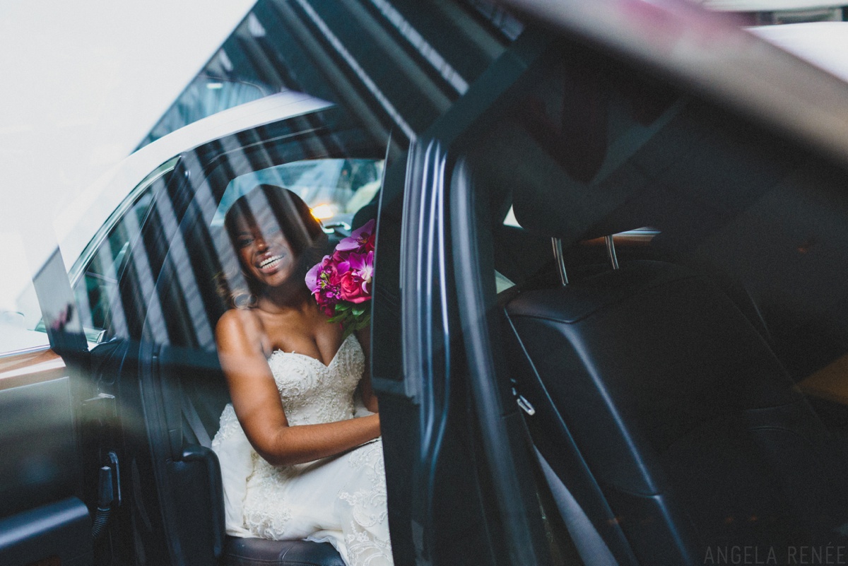 bride getting into car